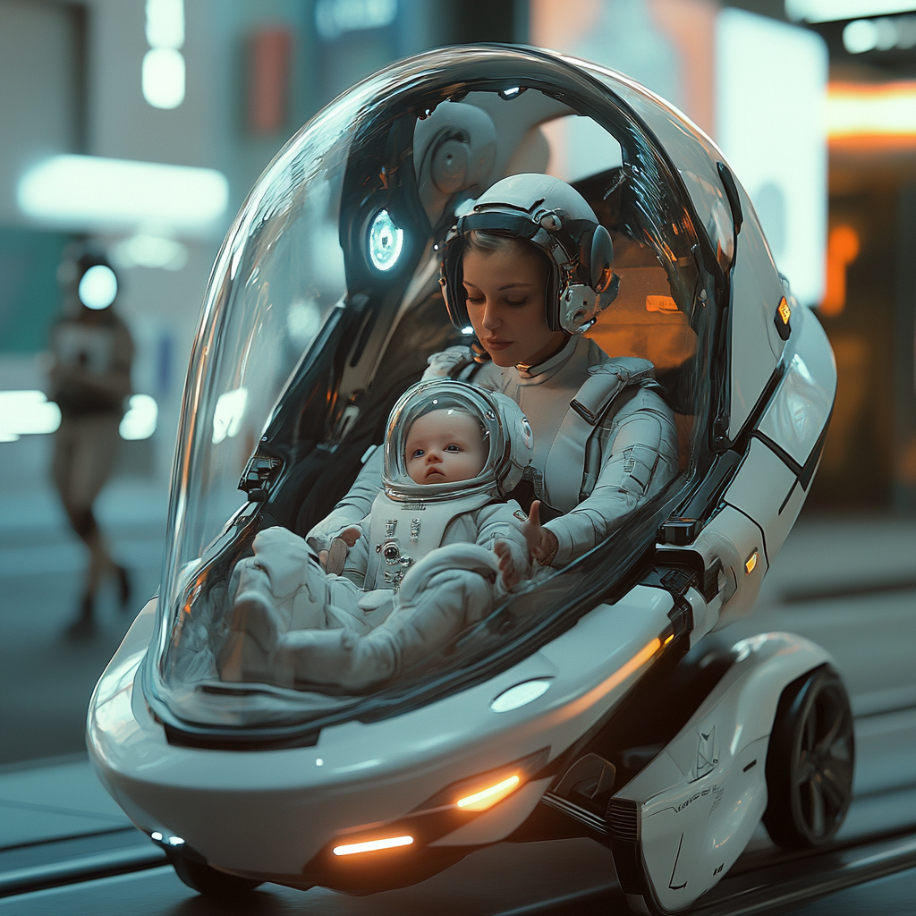 Futuristic baby stroller with armor, machine guns, and mom.