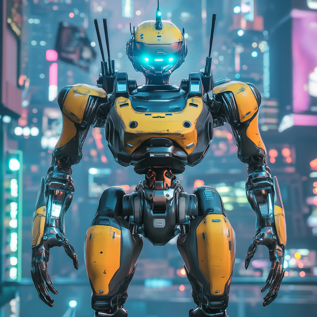 Futuristic battle robot with yellow armor, blue eyes. Ready for combat.