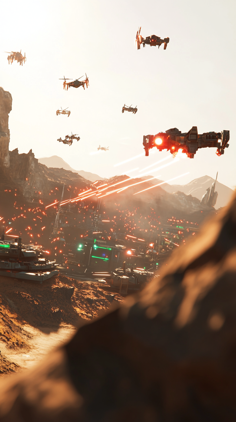 Futuristic battlefield defends base from enemy drones and missiles.