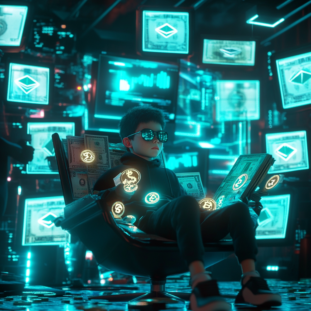 Futuristic boy with dollar chair and cryptocurrency coins.