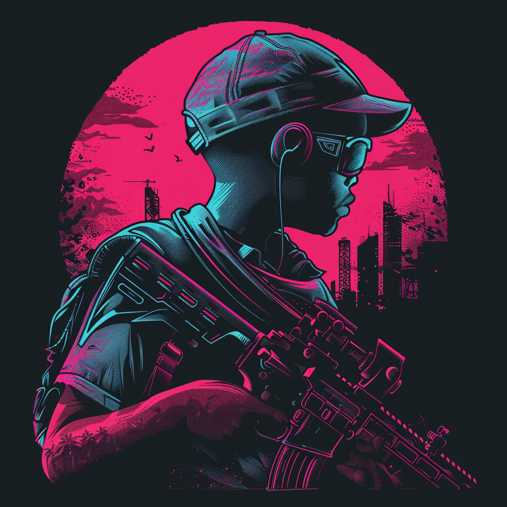 Futuristic child soldier in neon ruined city