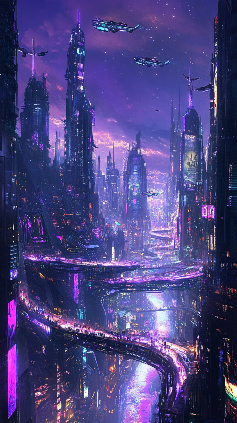 Futuristic city at dusk with magical forests and dragons.