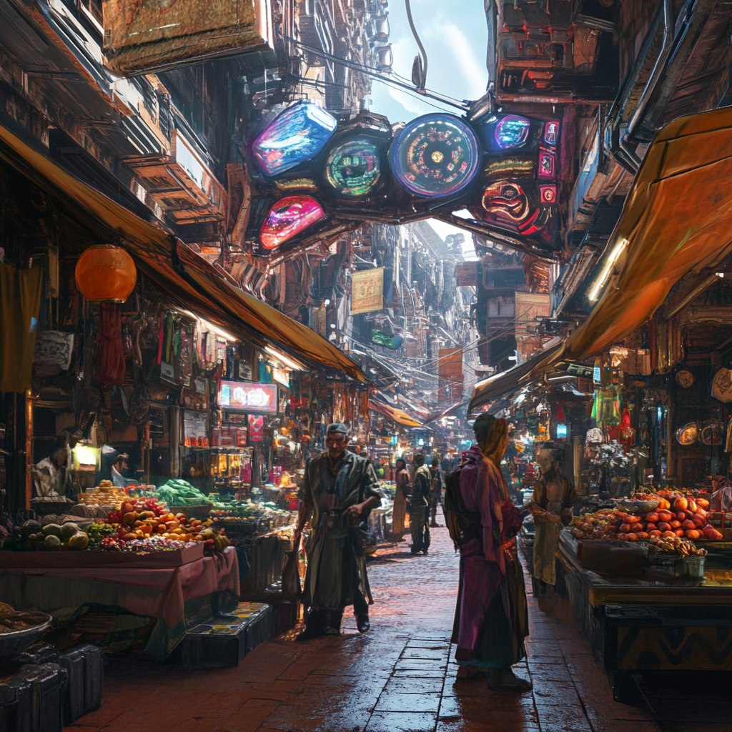 Futuristic city bazaar with exotic goods and holographic signs 