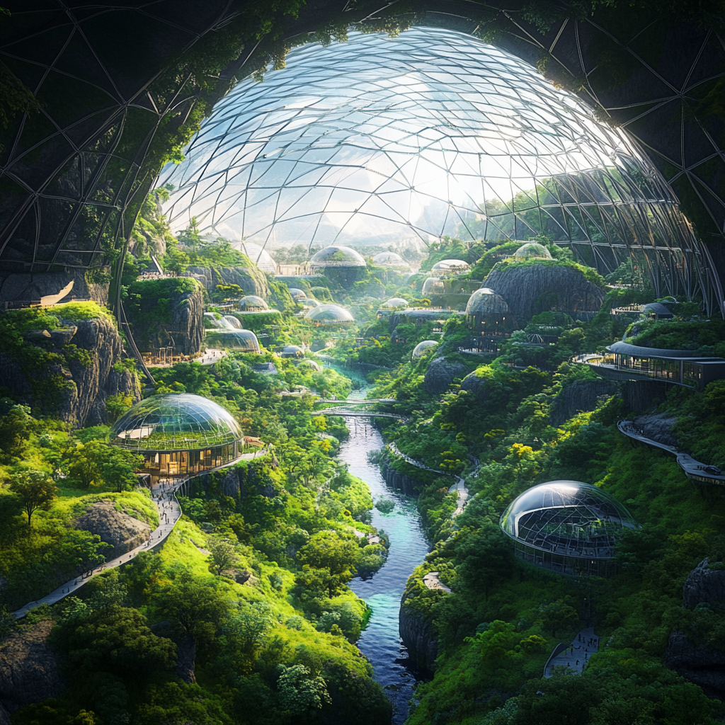 Futuristic city in dome with nature and technology blend.