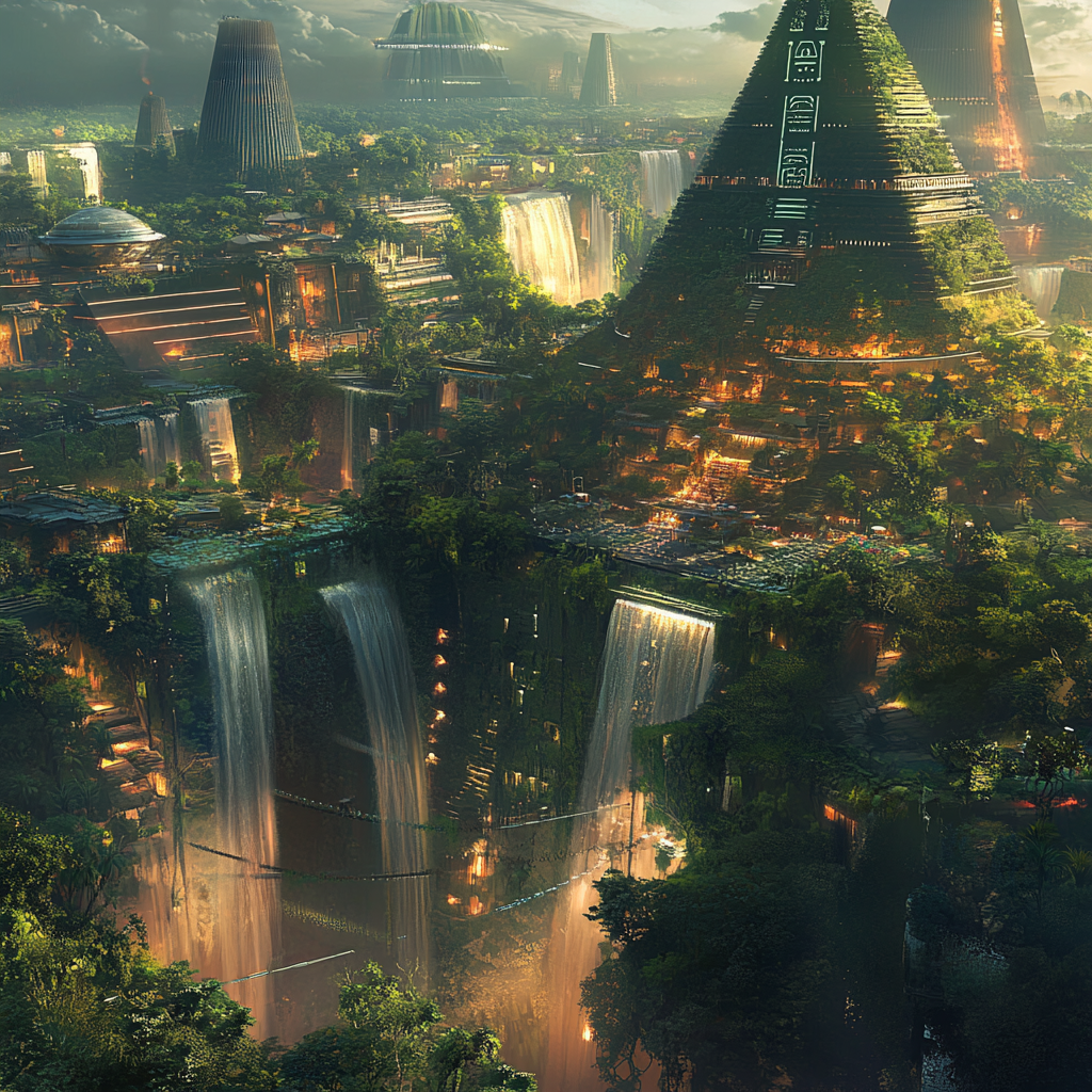 Futuristic city in lush jungle with Aztec-inspired design.