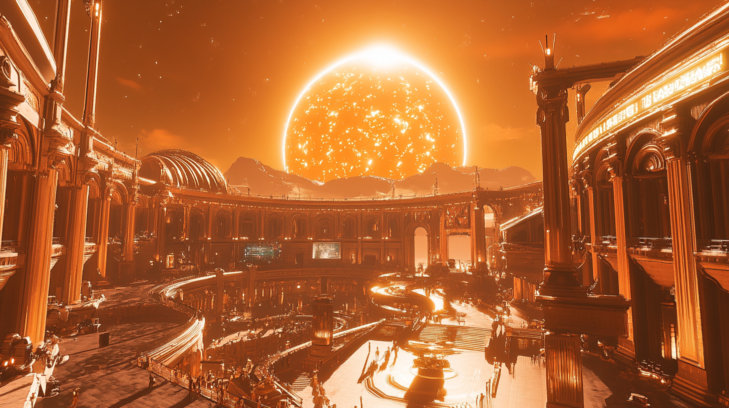 Futuristic city resembling Ancient Rome under red sun