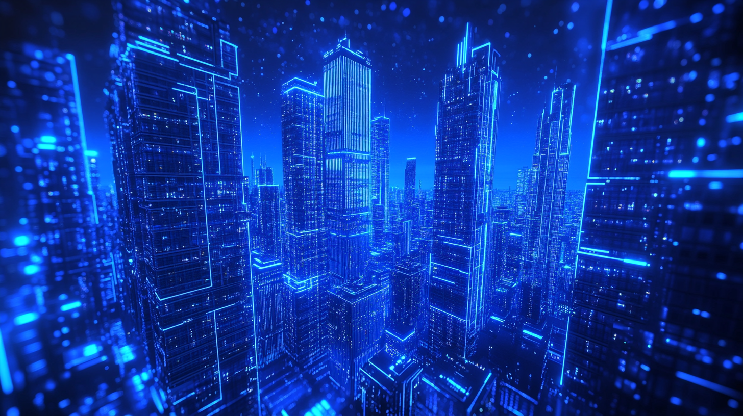 Futuristic city with electric towers and neon lines building.