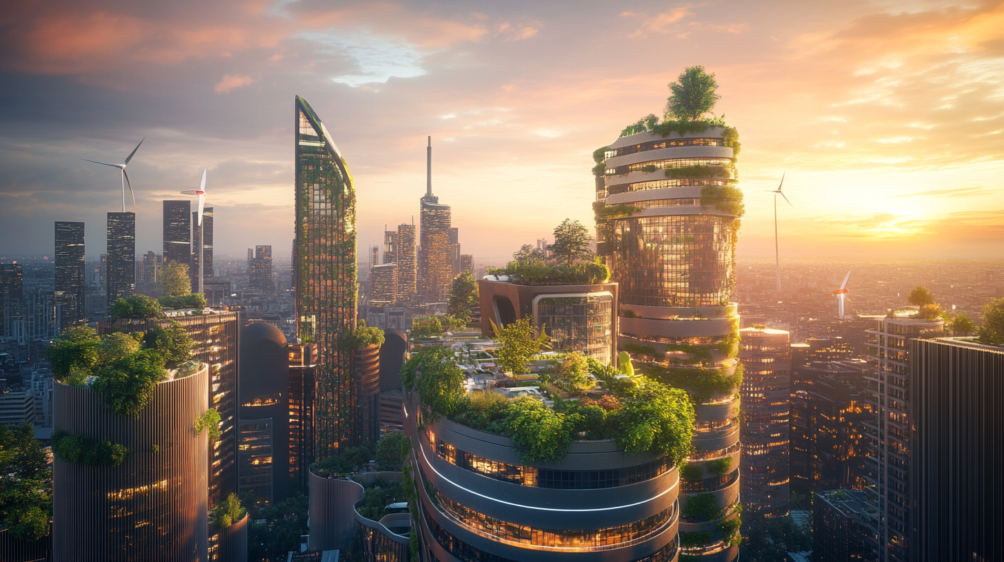 Futuristic city with green skyscrapers, rooftop gardens, renewable energy.