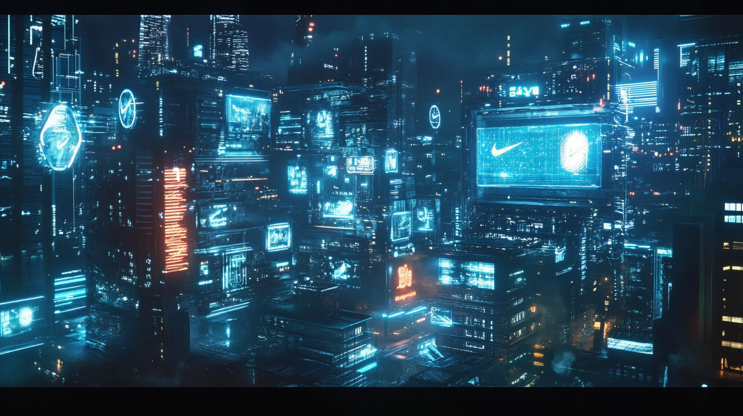 Futuristic city with holograms, neon lights, high-tech Nike.