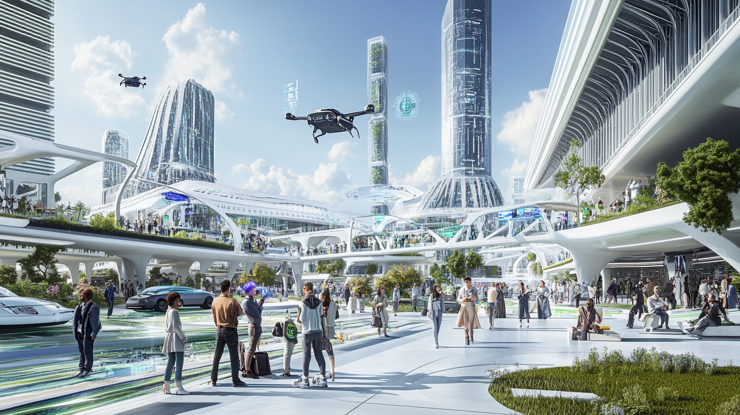 Futuristic city with holographic displays, smart infrastructure, diverse people.