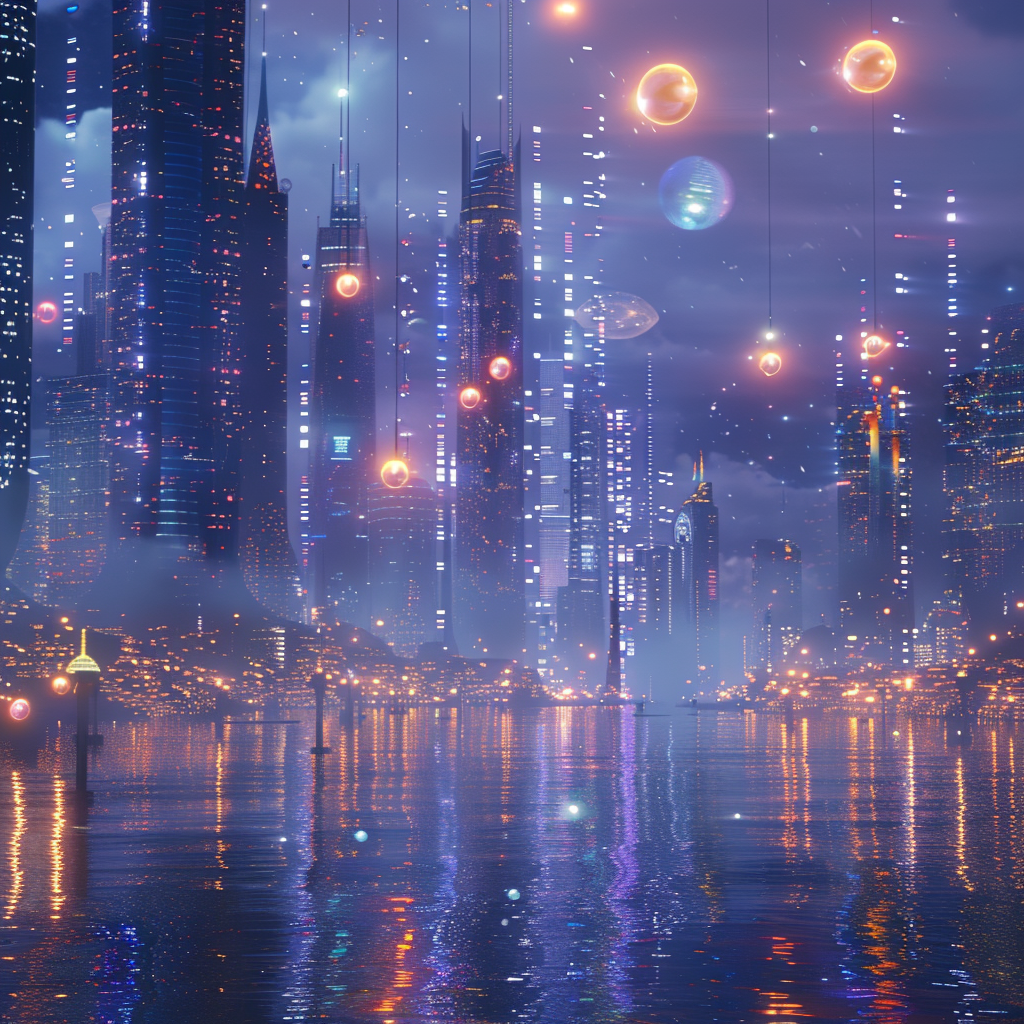 Futuristic city with tall skyscrapers floating above water.