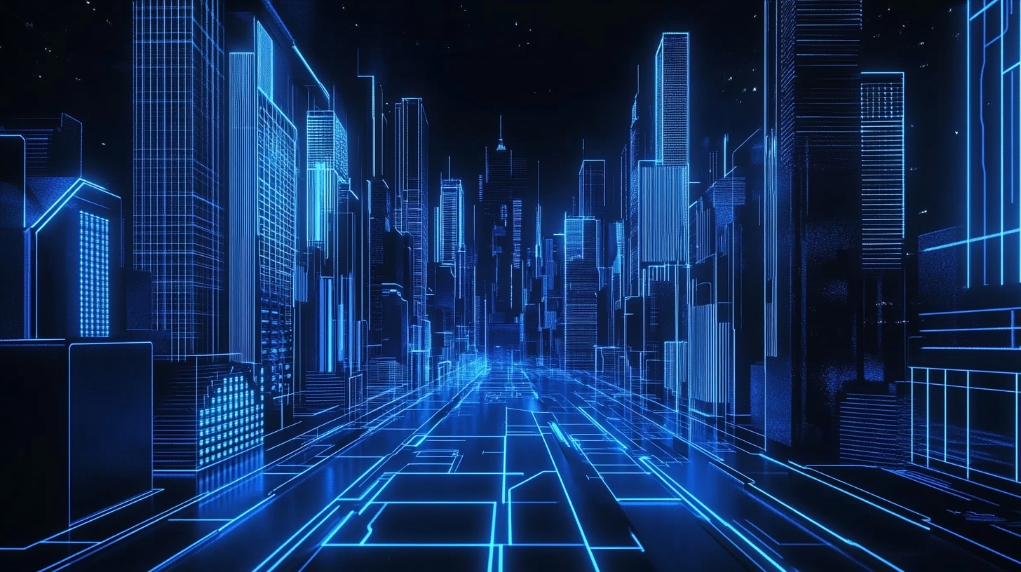 Futuristic cityscape with neon lights in blue background.