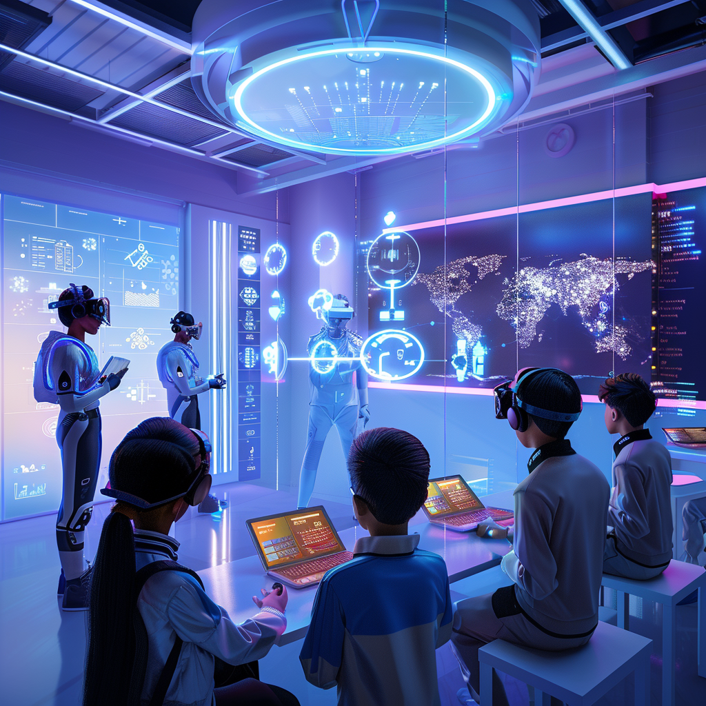 Futuristic classroom with diverse students and AI devices.