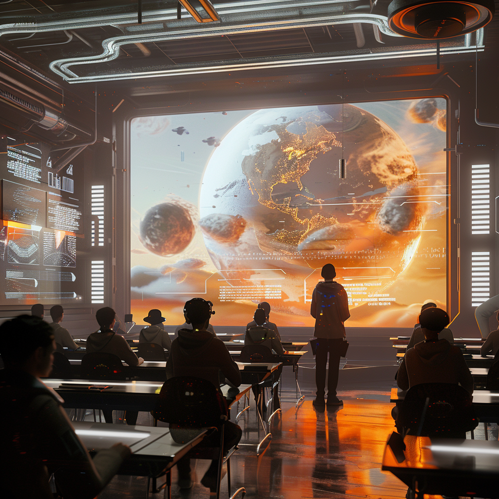 Futuristic classroom with teacher motivating students in hyperrealistic image.