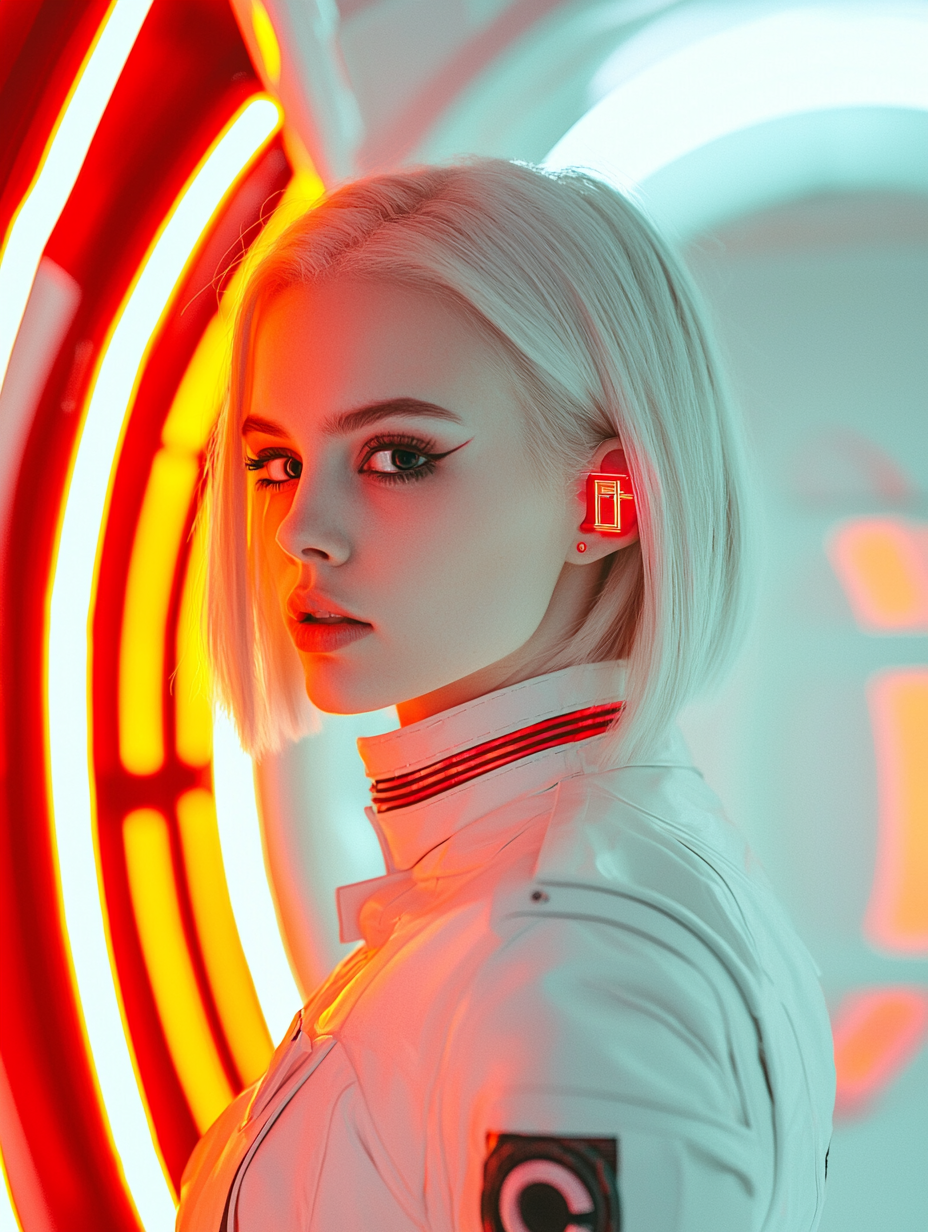 Futuristic female model in a club with neon colors