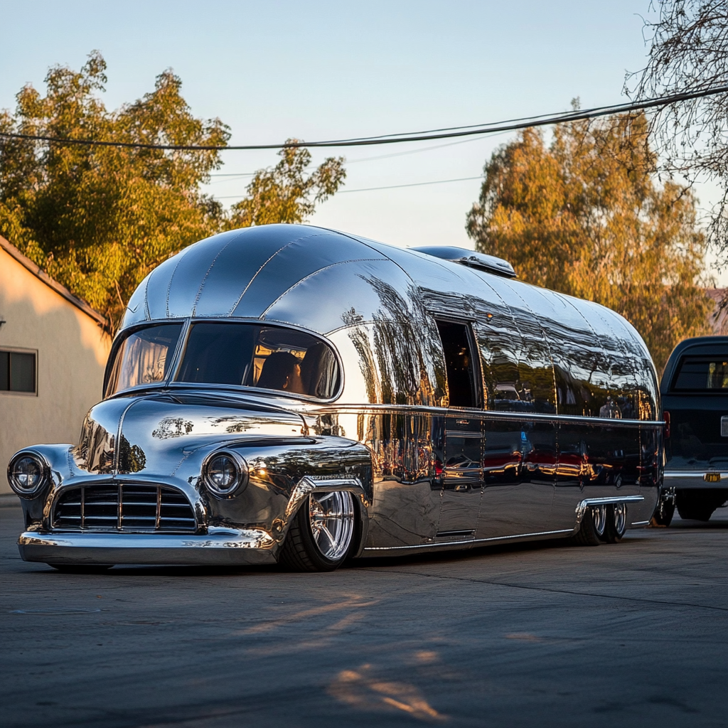 Futuristic cool low rider airstream trailer behind truck