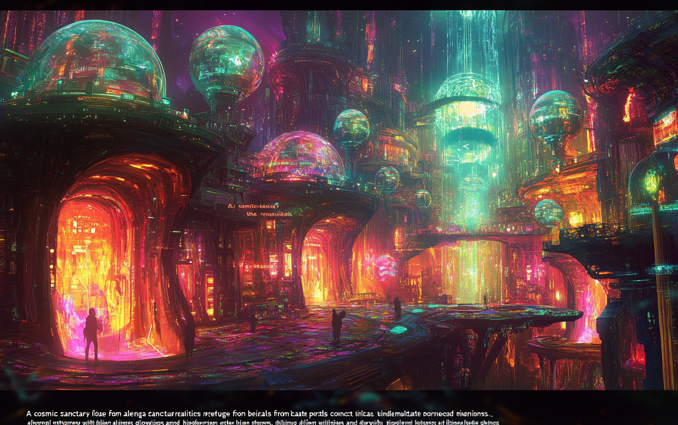 Futuristic cosmic sanctuary with intricate portals connecting dimensions.