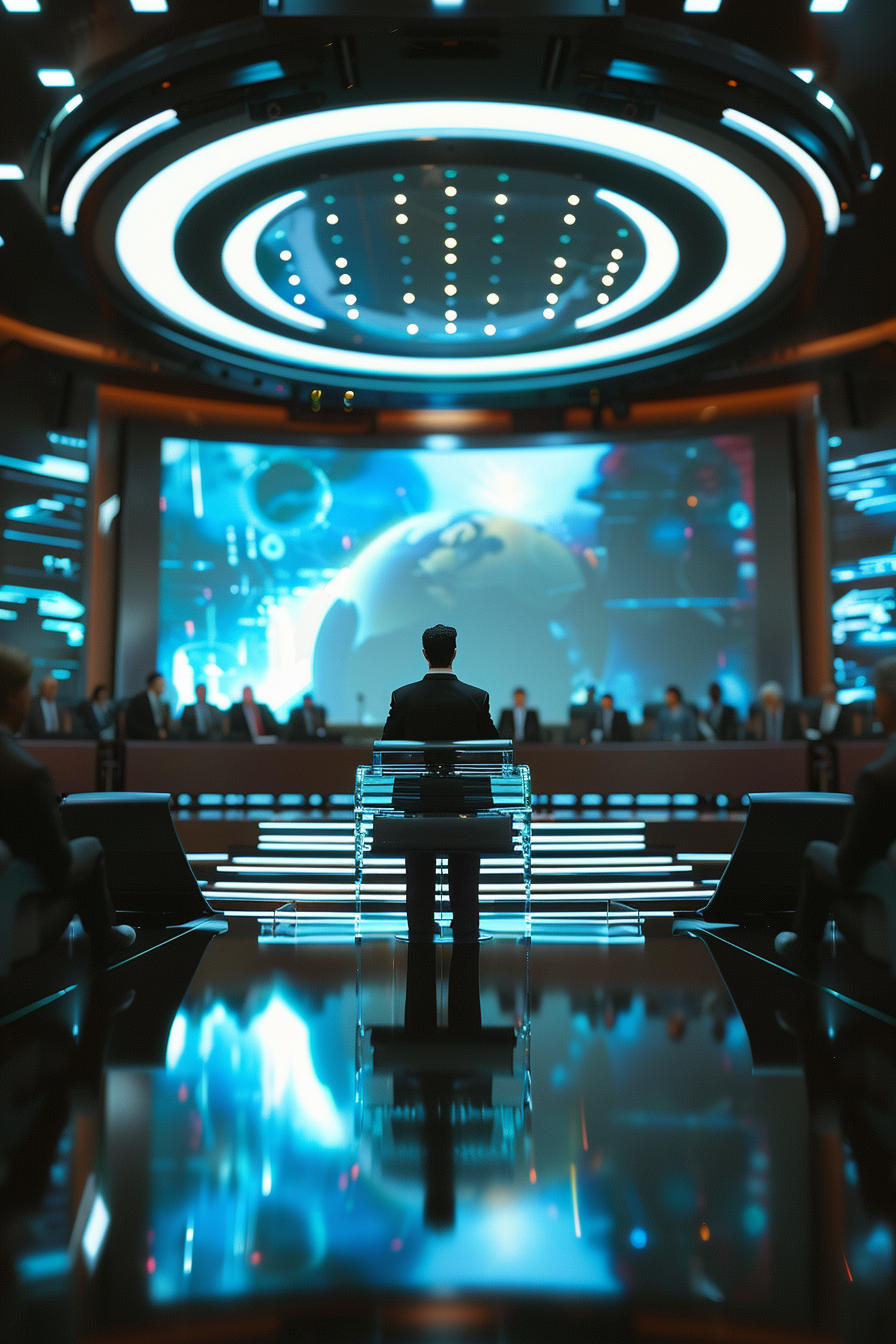 Futuristic courtroom with LED lighting, digital screens, sleek setting.