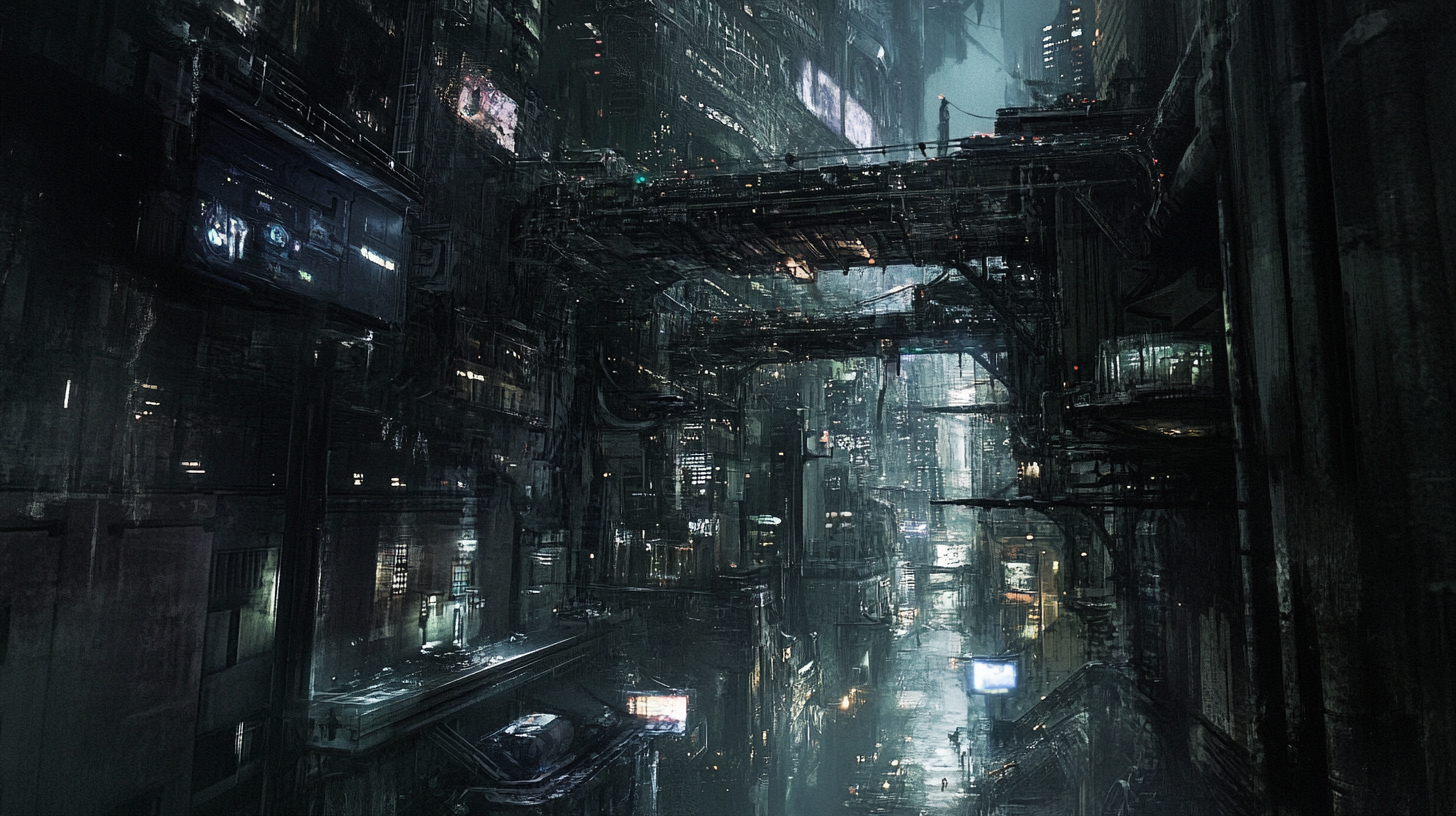 Futuristic cyberpunk alley in enormous city with bridges.