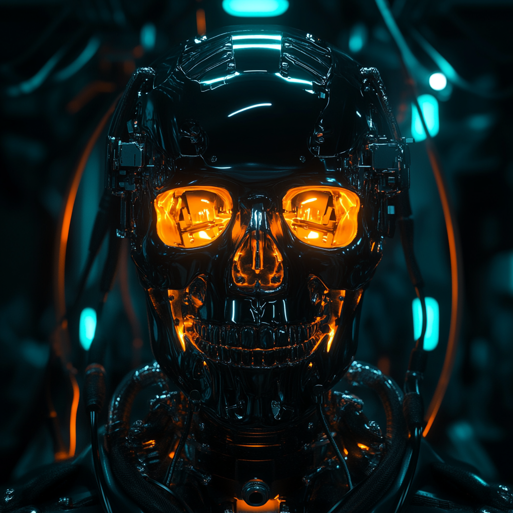 Futuristic cyborg skull with cables in dark sci-fi setting.