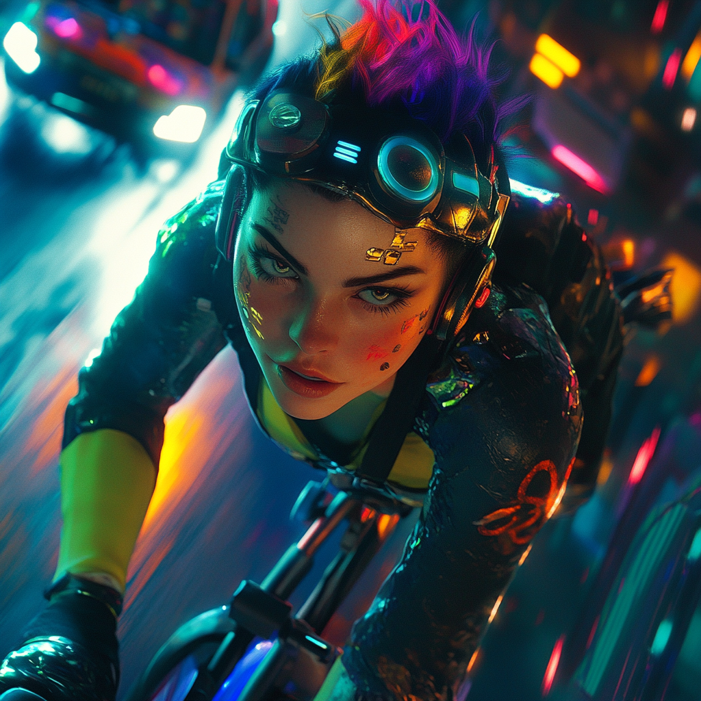 Futuristic cyclist evades police in cyberpunk cityscape