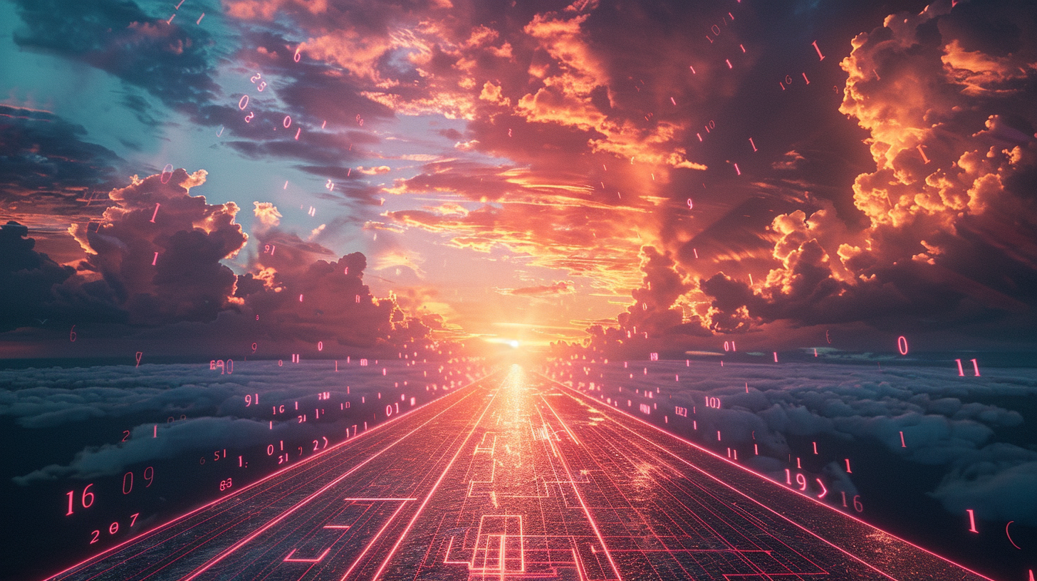 Futuristic digital pixel clouds road to sunrise stock photo.