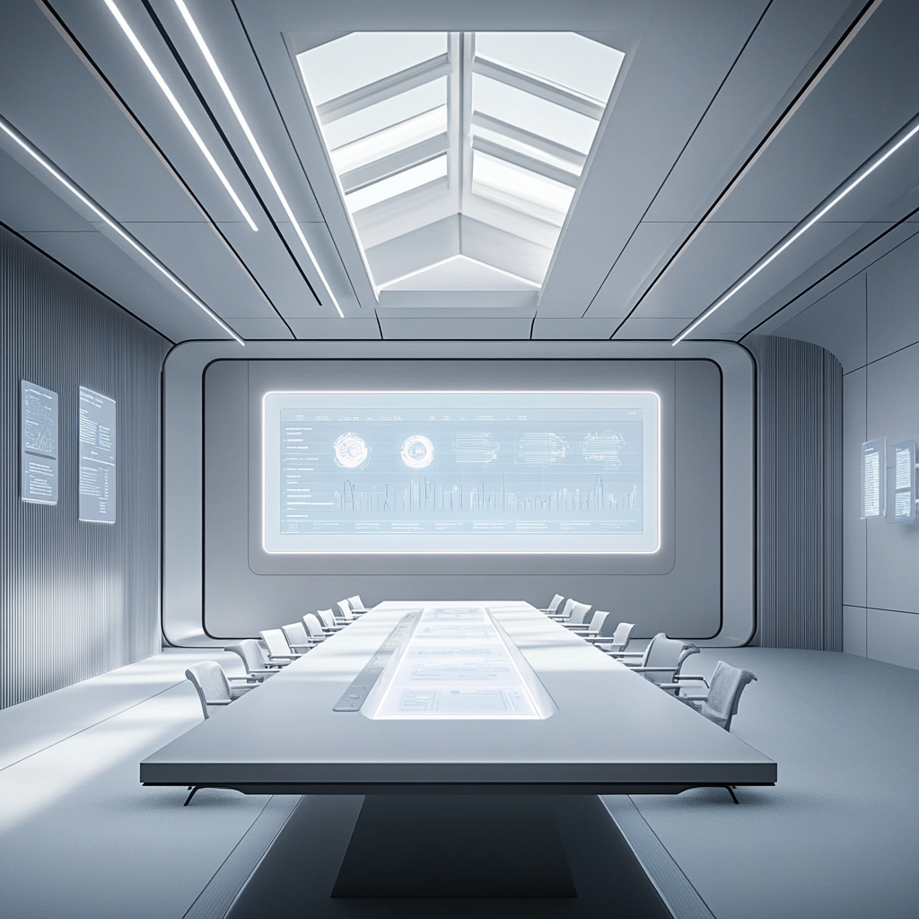 Futuristic empty conference room with holographic charts show.