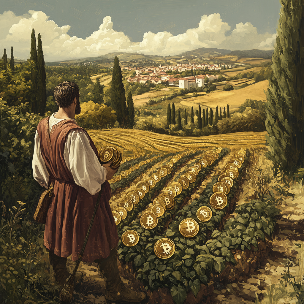 Futuristic farmer grows digital coins in Renaissance painting.