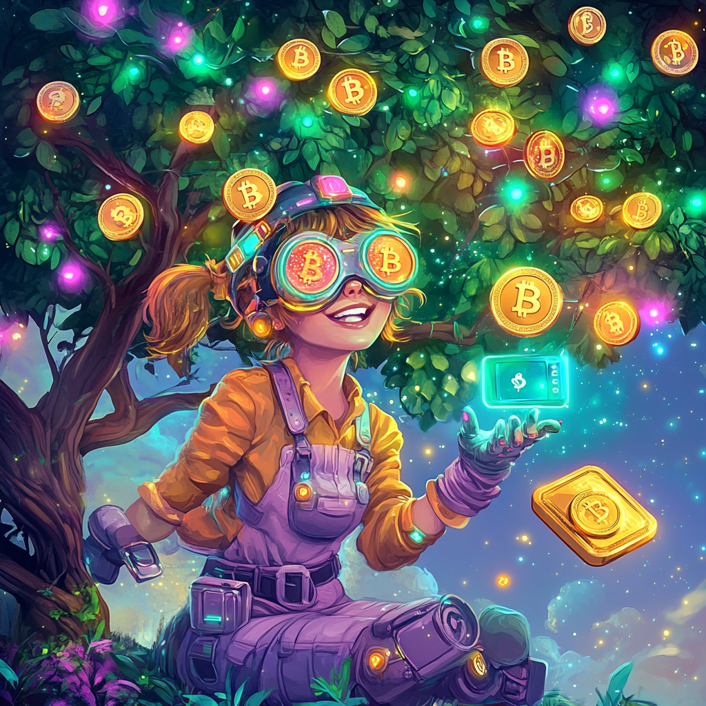 Futuristic farmer harvests glowing cryptocurrency coins