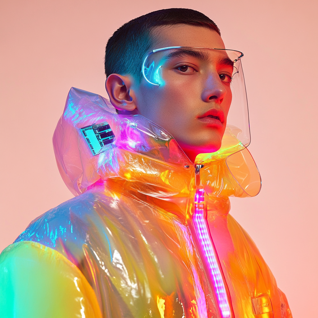 Futuristic fashion model wearing vibrant plastic outfit.