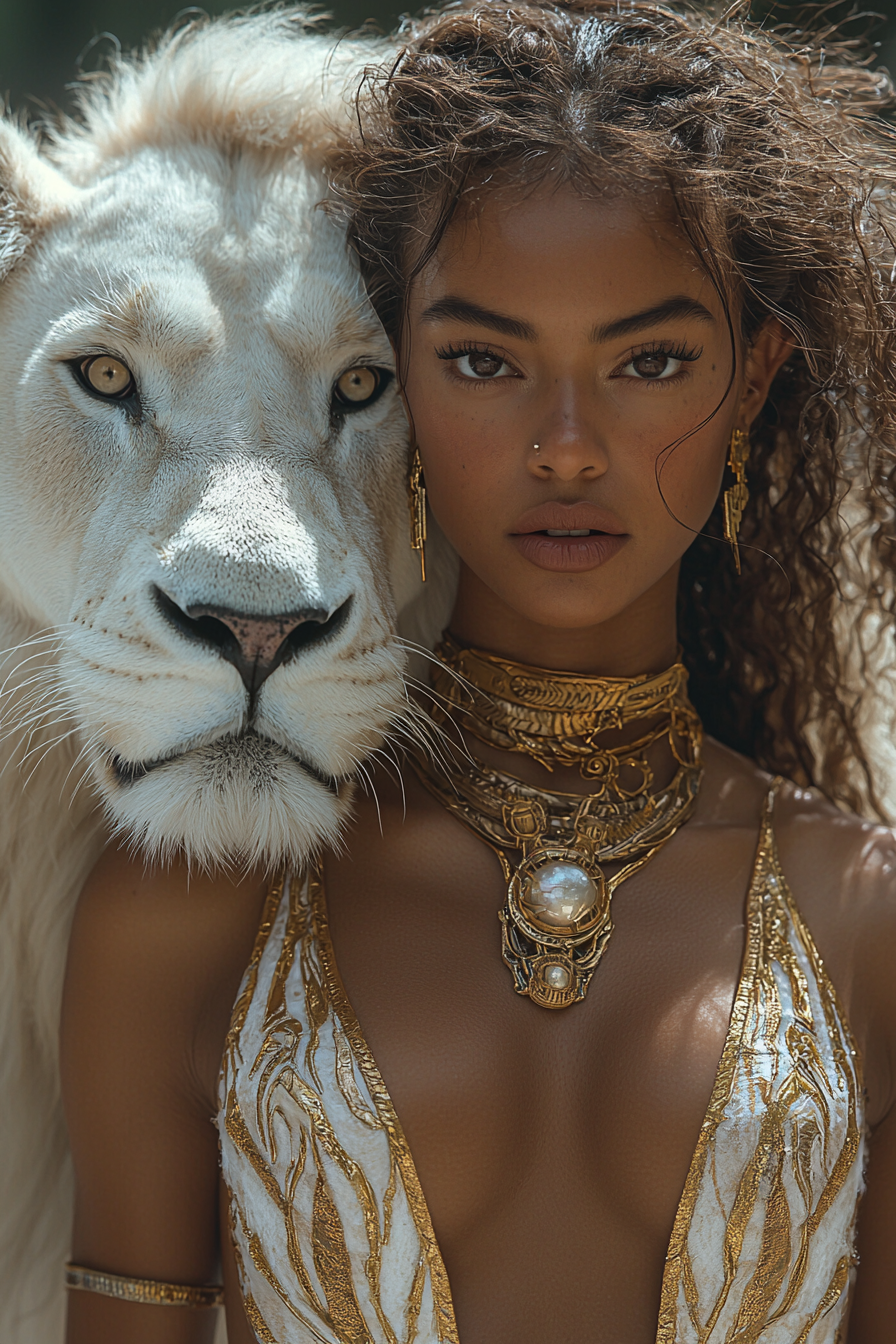 Futuristic fashion model with lion in high resolution photo.