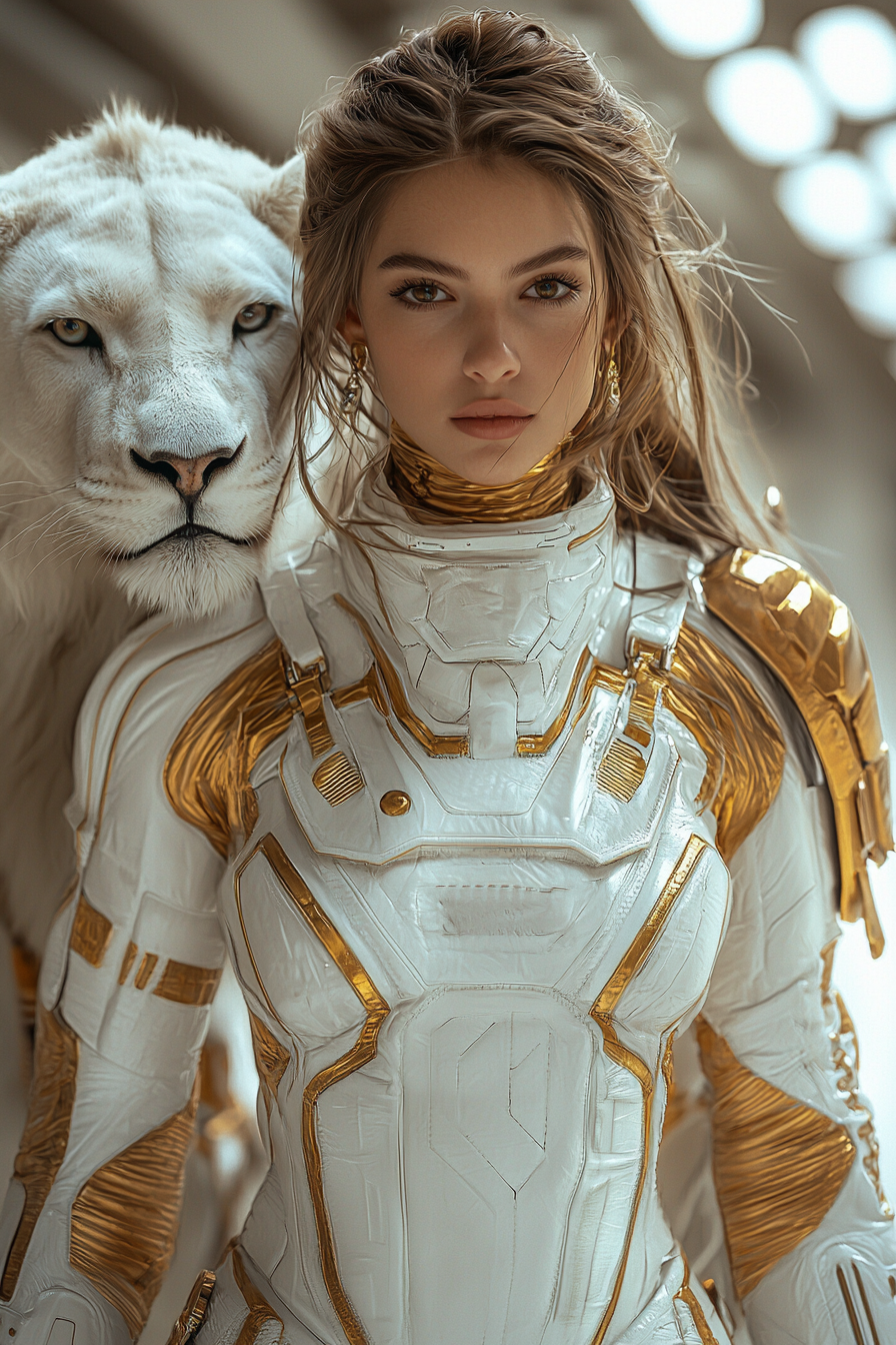 Futuristic fashion model with white lion, high resolution.