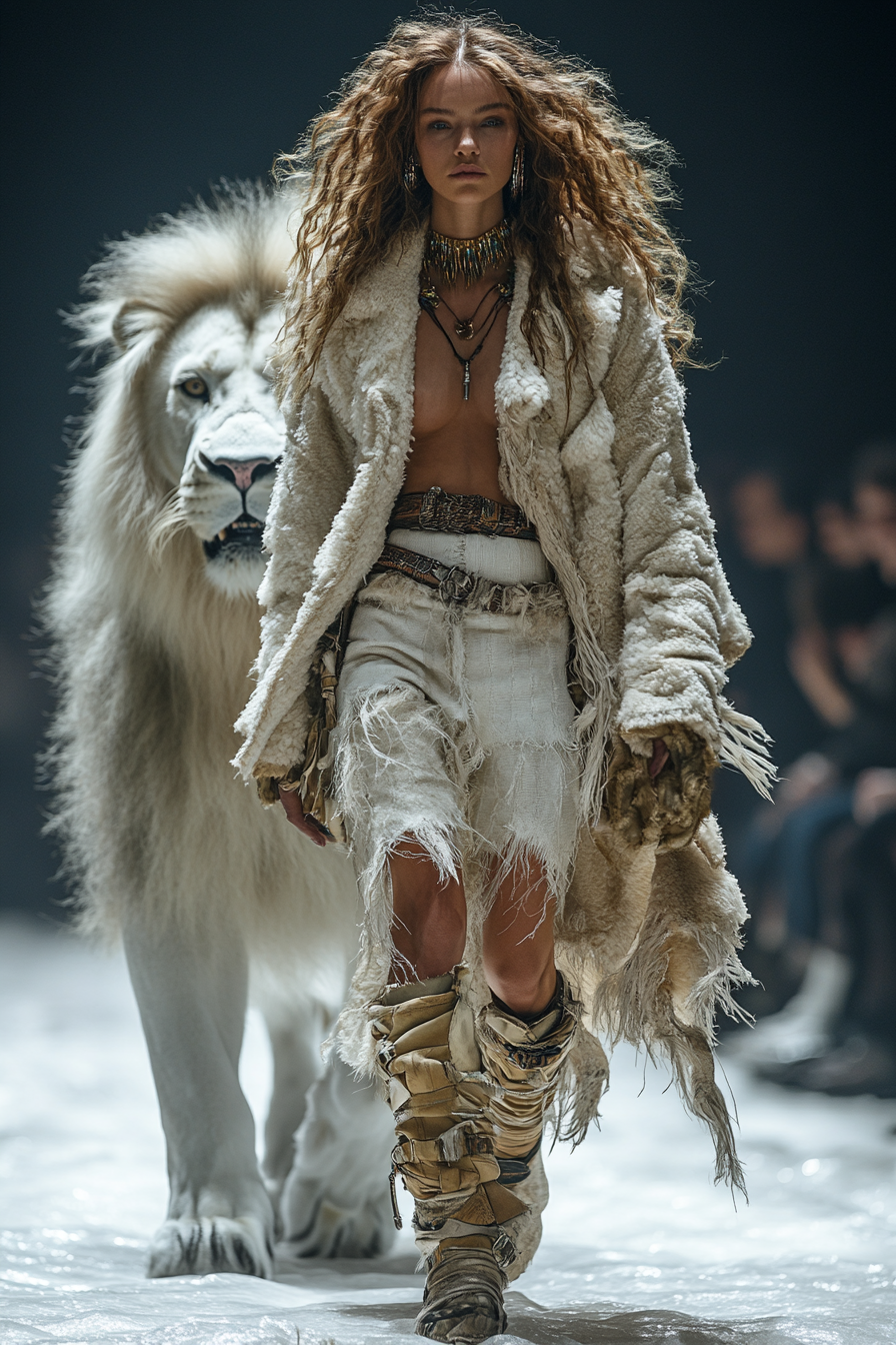 Futuristic fashion show with warrior model and lion.