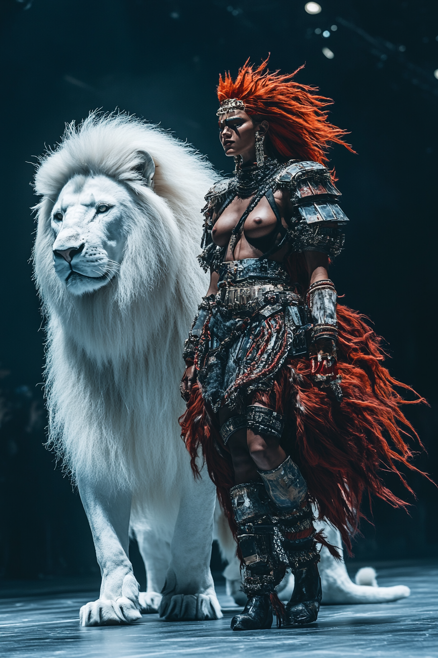 Futuristic fashion week with amazonian warrior and white lion.