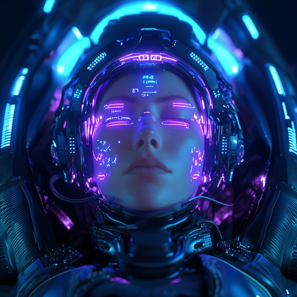 Futuristic female cyborg sleeping in sci-fi pod.