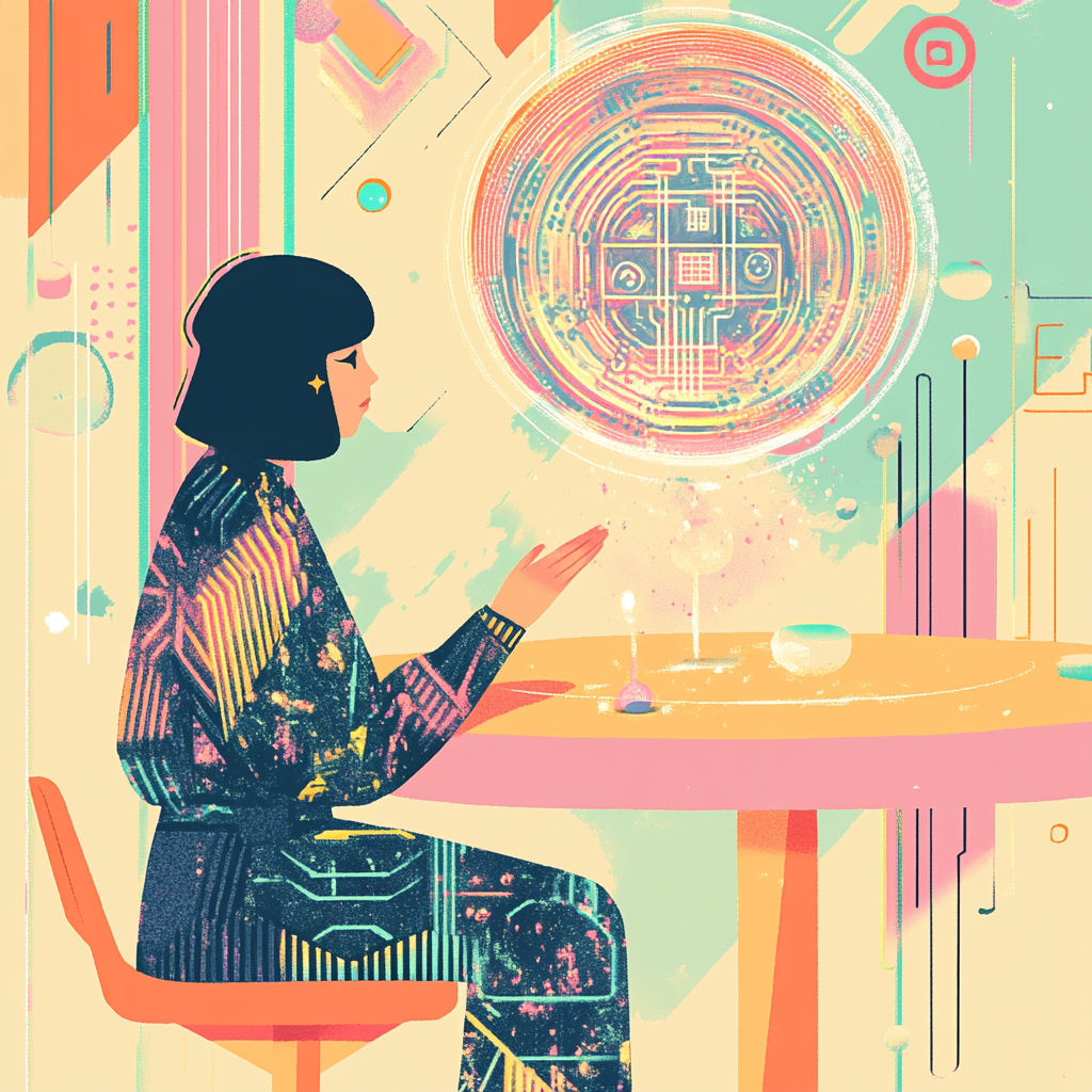 Futuristic fortune teller with glowing crystal ball.