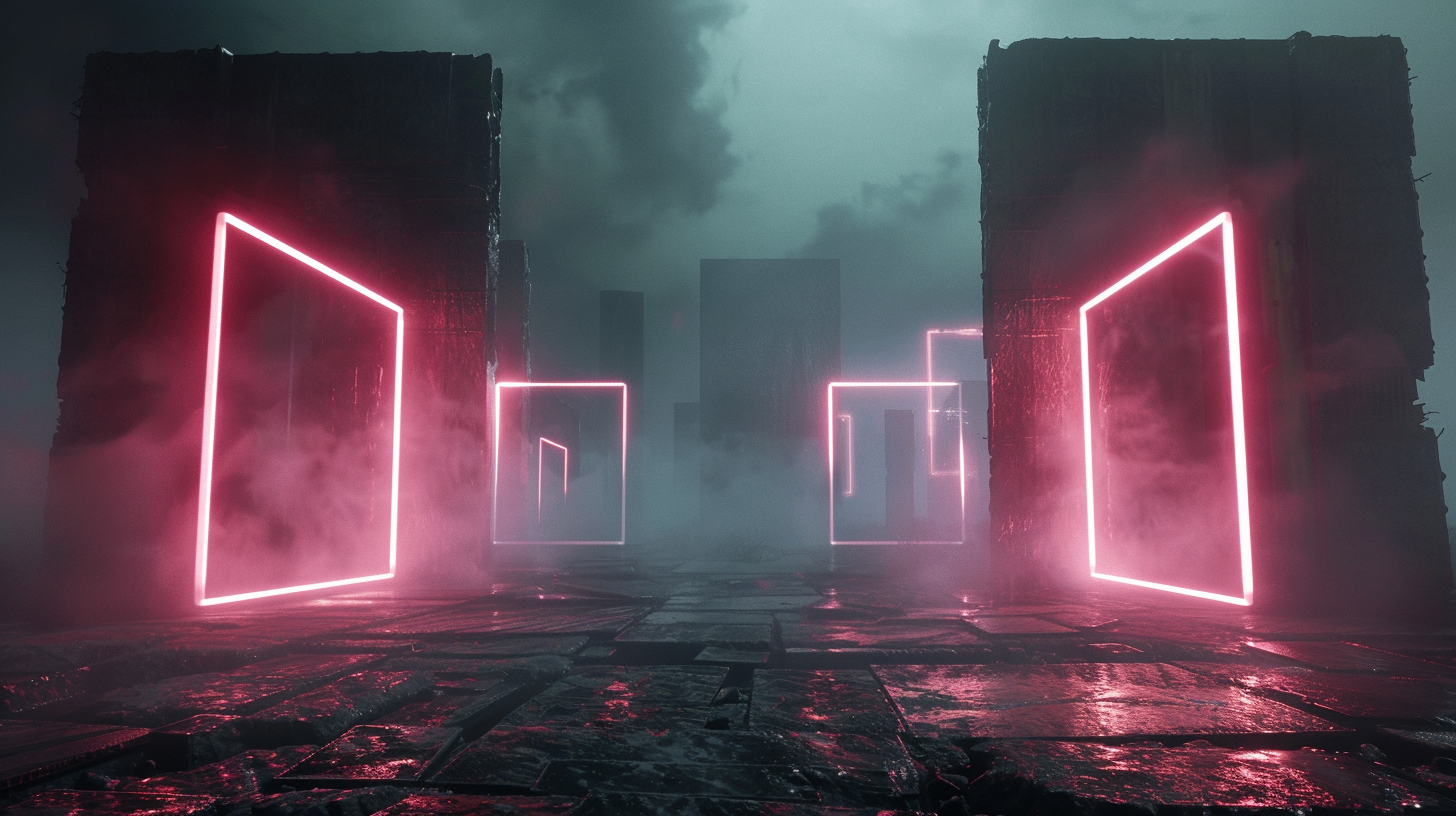 Futuristic glowing frames made of neon lasers in wasteland.