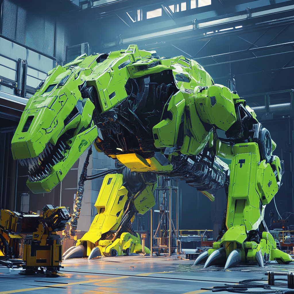 Futuristic green mech dinosaur prepared for launch