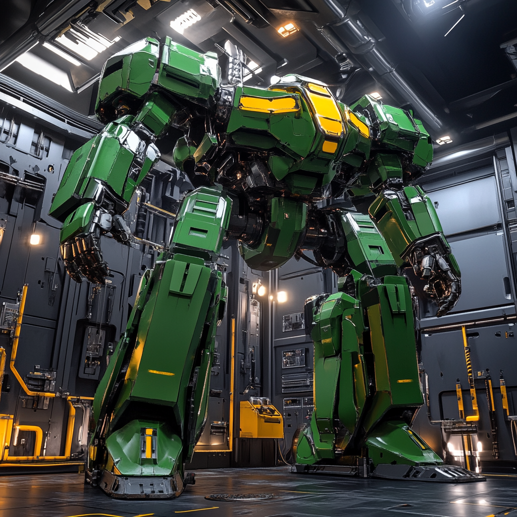 Futuristic green mech getting ready for launch