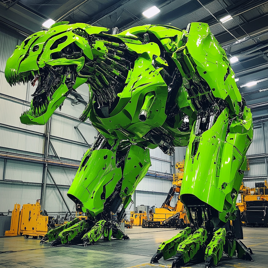 Futuristic green mech with dinosaur head launching