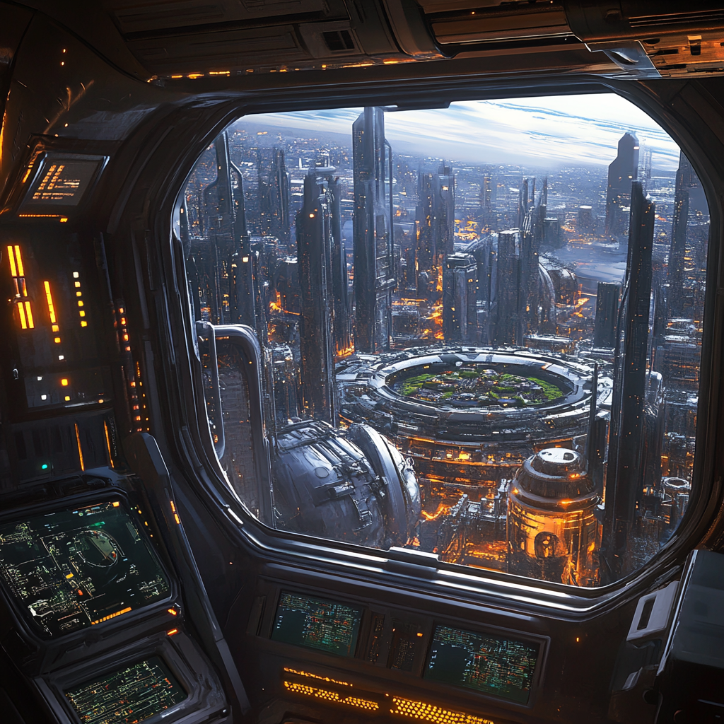 Futuristic image from spaceship window showing space colony.