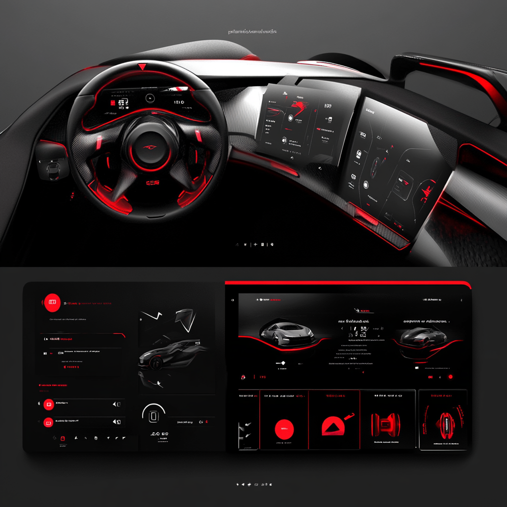 Futuristic interface for sports car brand in red, black.