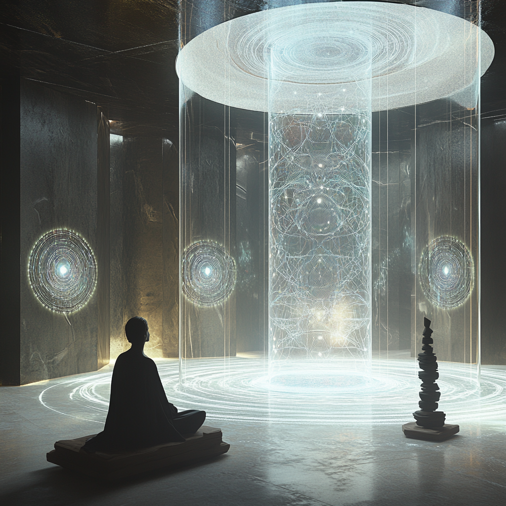 Futuristic laboratory with spiritual energy symbols, interactive totems.