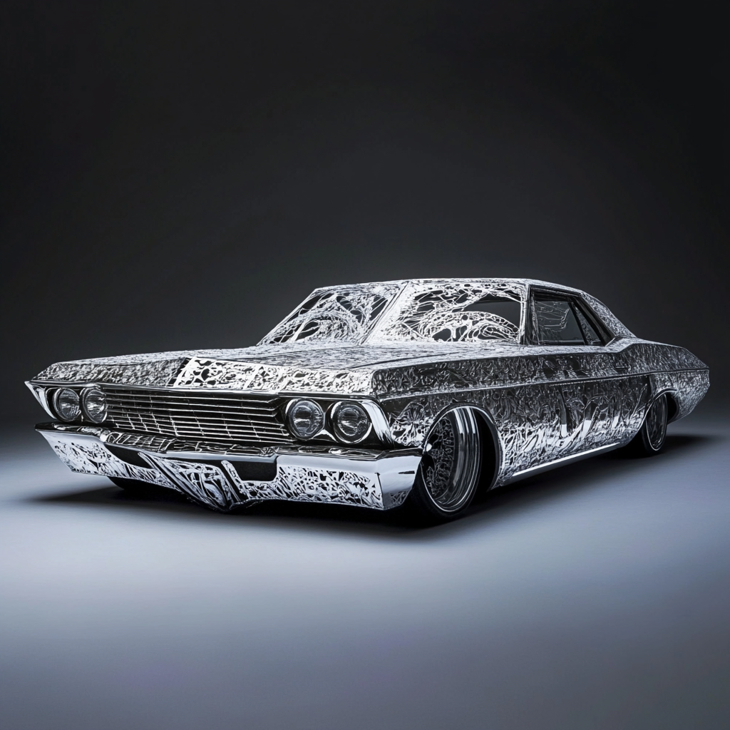 Futuristic lace low rider car, sharp angles, minimalistic background.