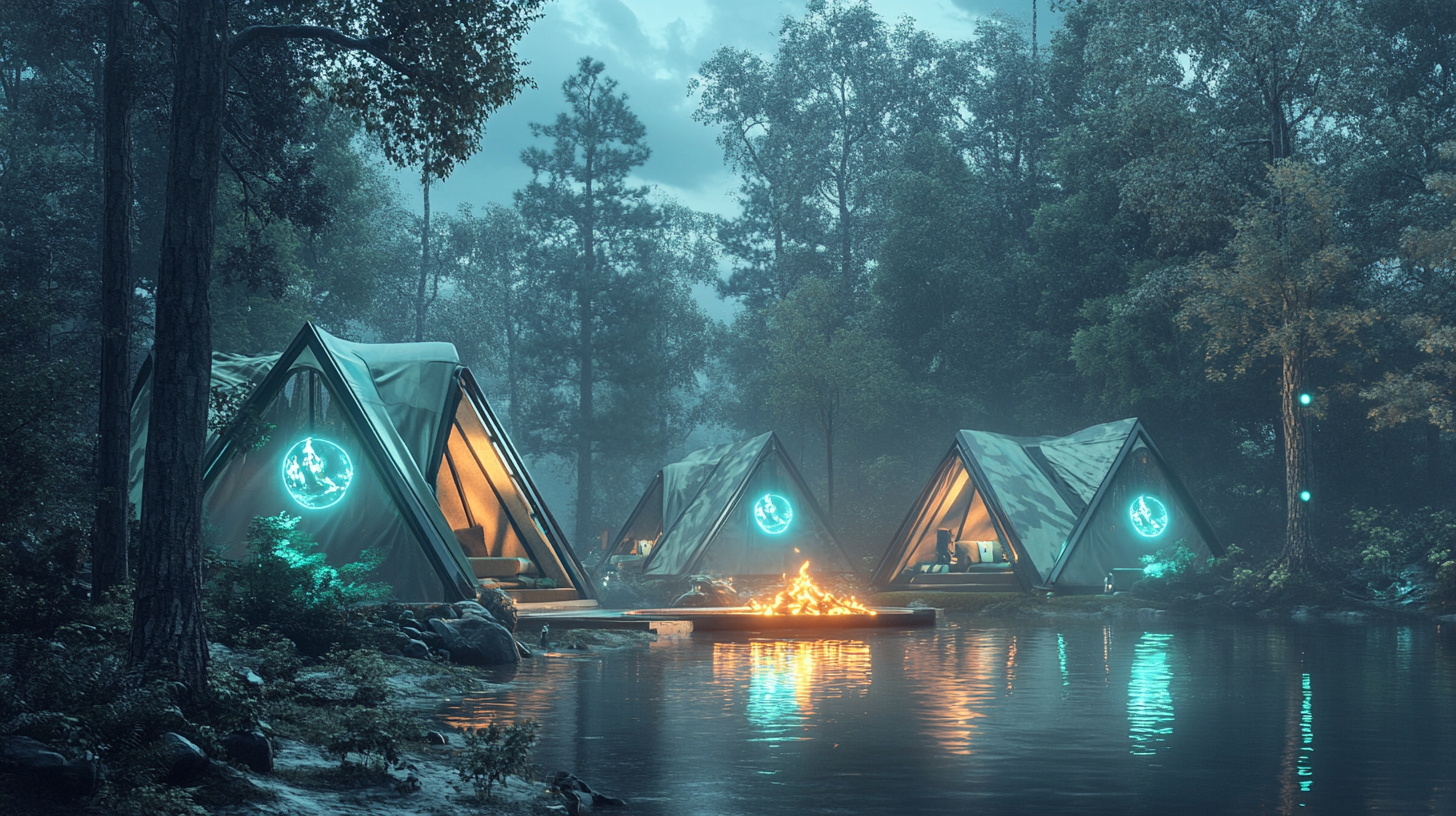 Futuristic lakeside campsite with holographic fire and tents