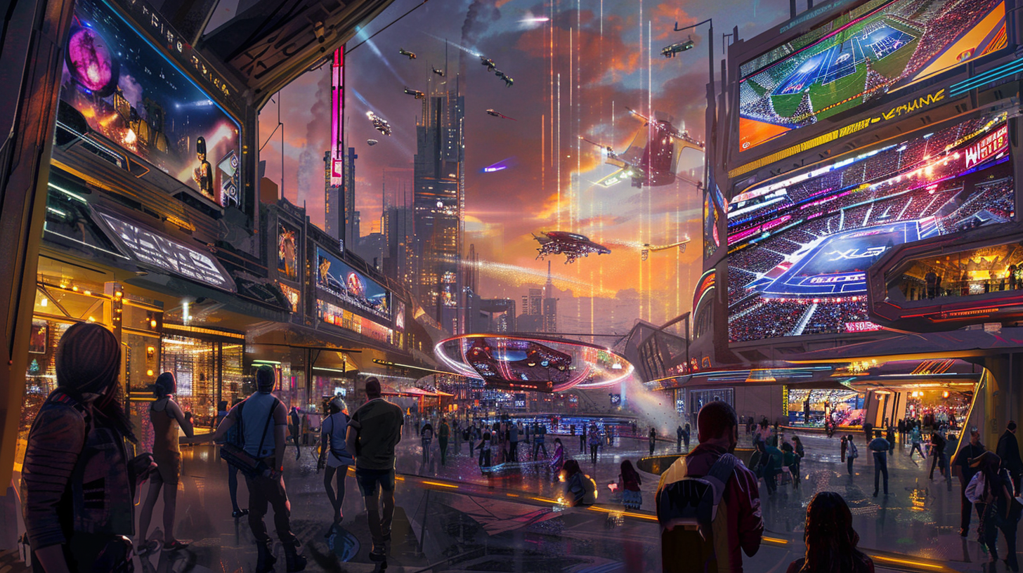 Futuristic landscape with vibrant buildings and electronic sports games.