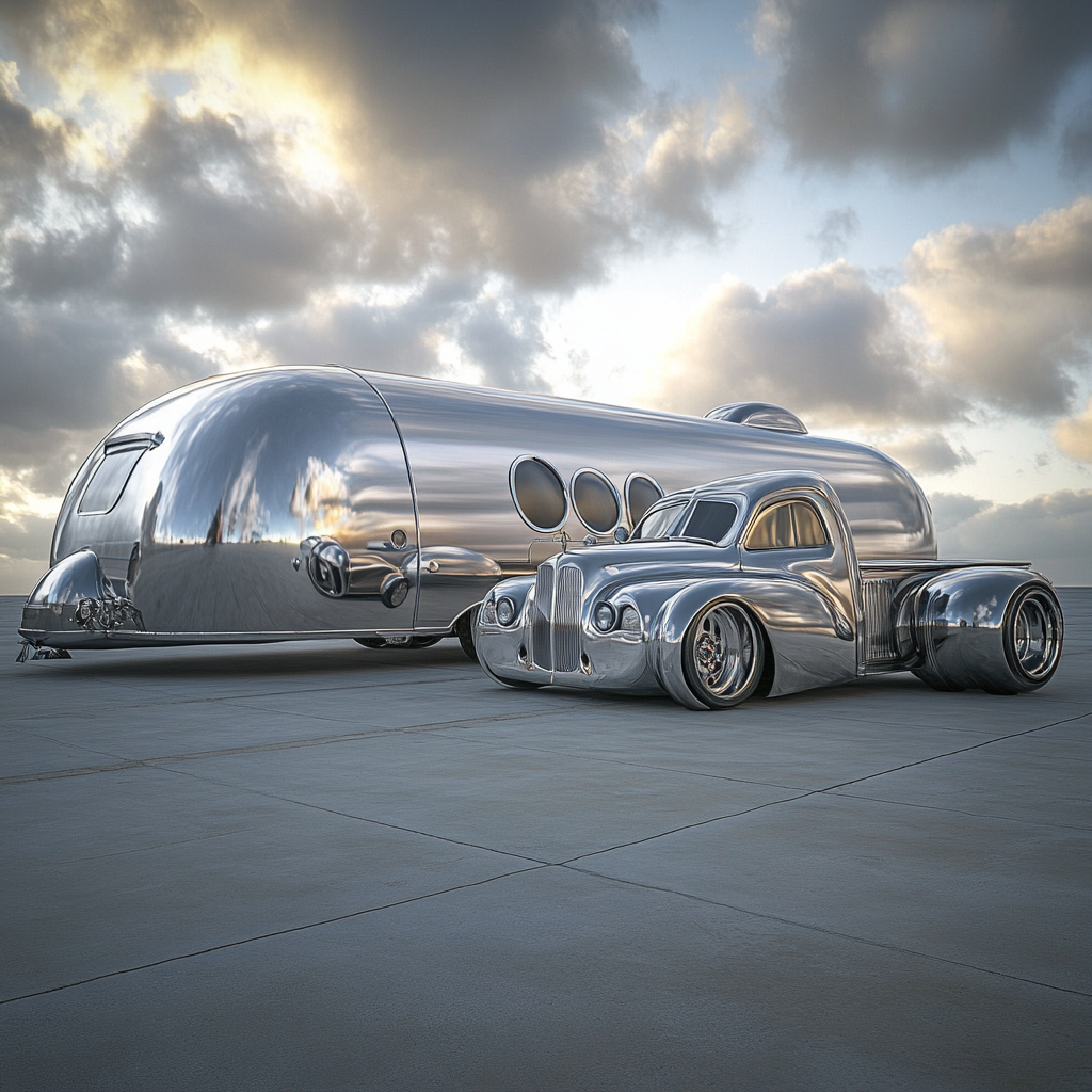 Futuristic low rider airstream trailer and truck in East LA.