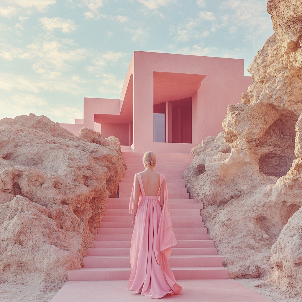 Futuristic lunar waterfall house, pink tones, minimalist style.