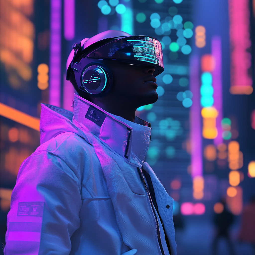 Futuristic man in VR helmet surrounded by neon.