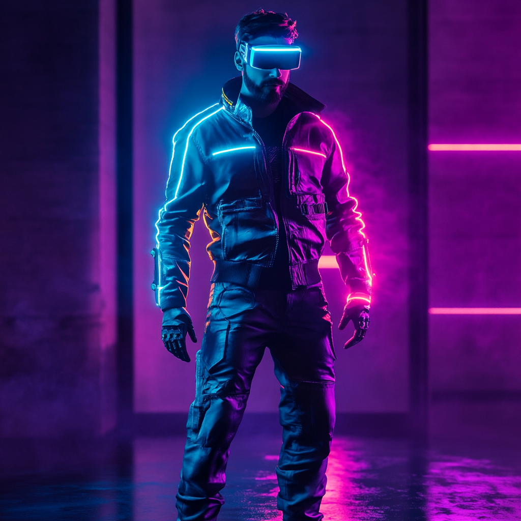 Futuristic man in virtual reality, surrounded by neon.